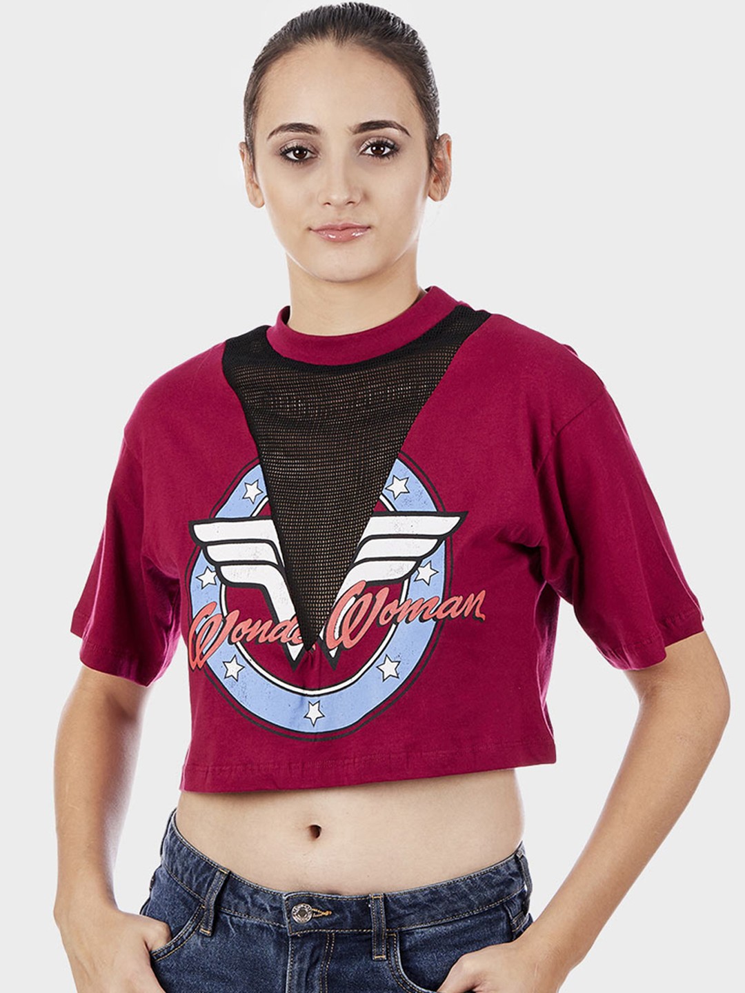 

Free Authority Women Maroon Wonder Woman Printed Round Neck Crop Pure Cotton T-shirt