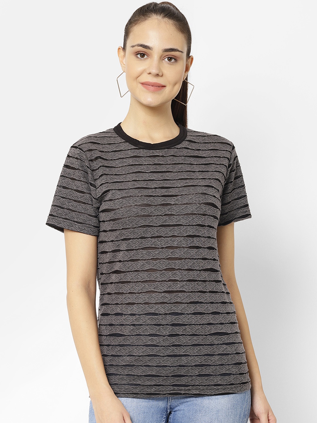 

VIMAL JONNEY Women Grey Striped Round Neck T-shirt