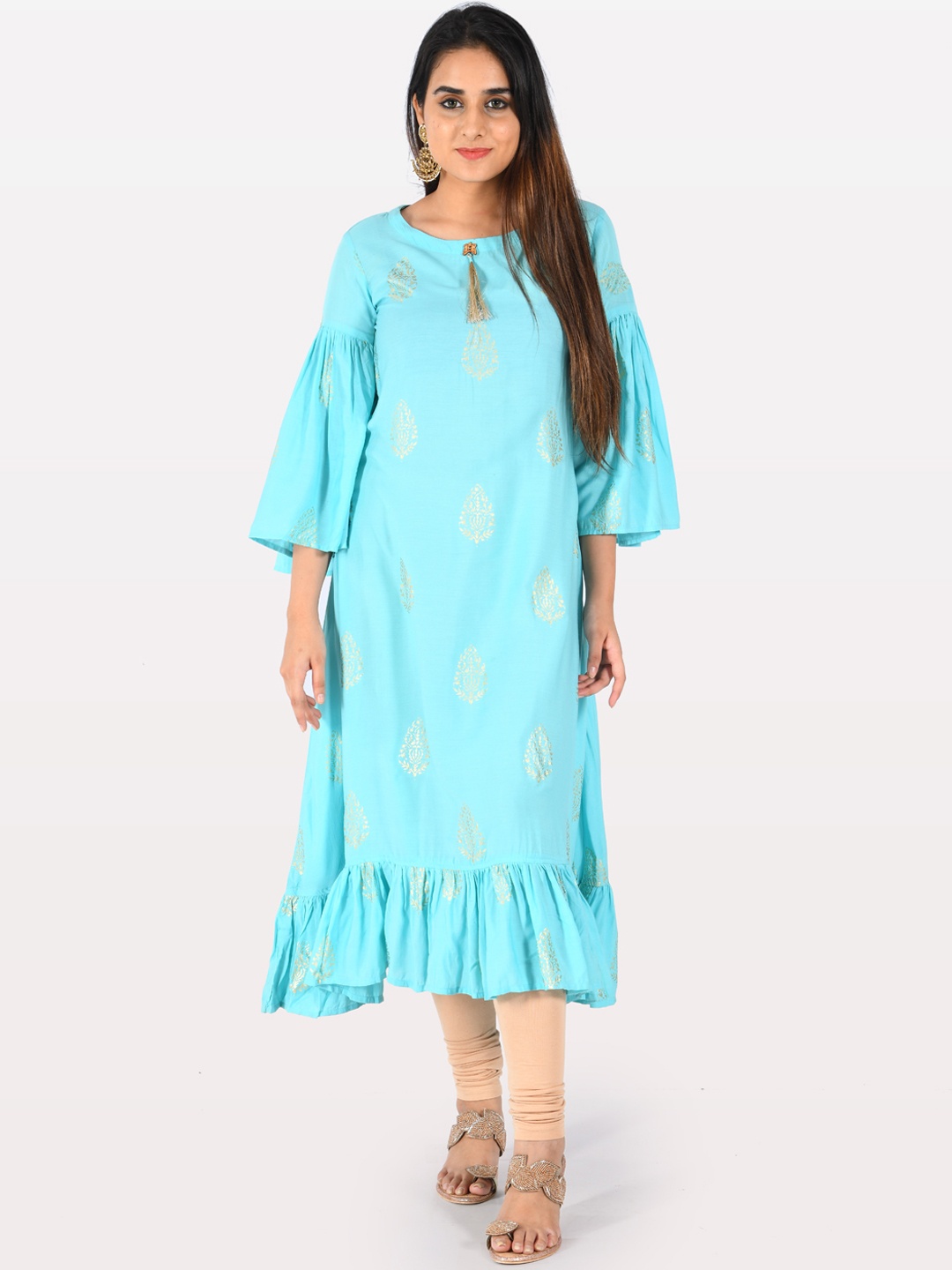 

Neerus Women Blue & Gold-Coloured Printed A-Line Kurta