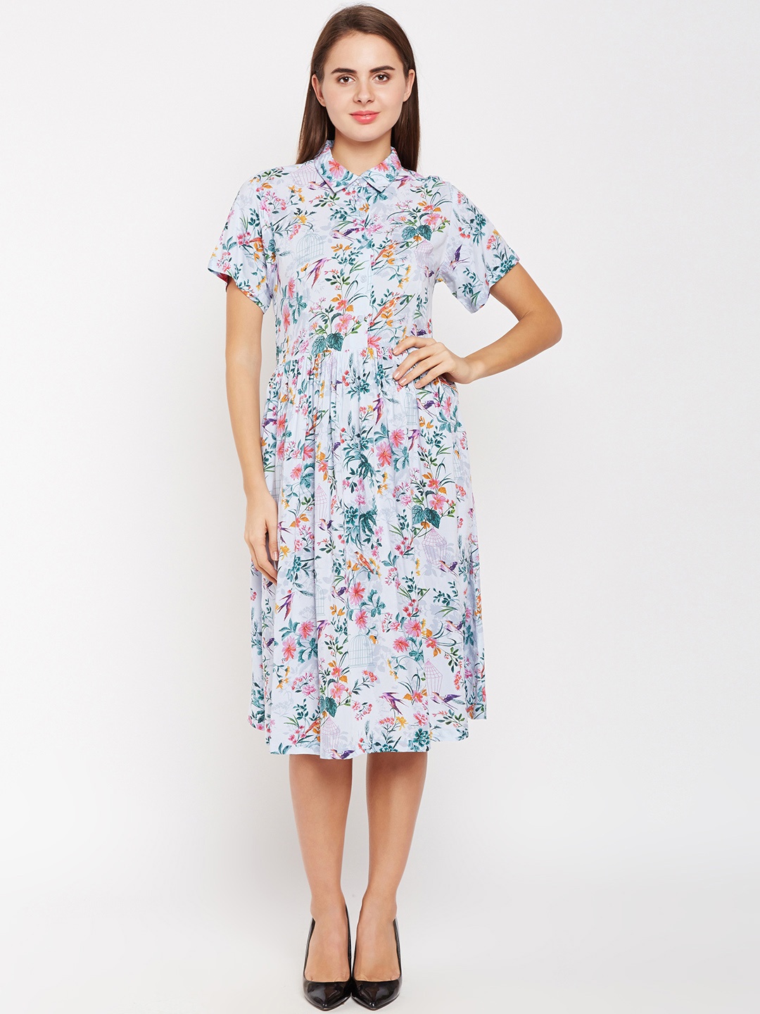 

Oxolloxo Women Green & Pink Floral Printed Fit and Flare Dress
