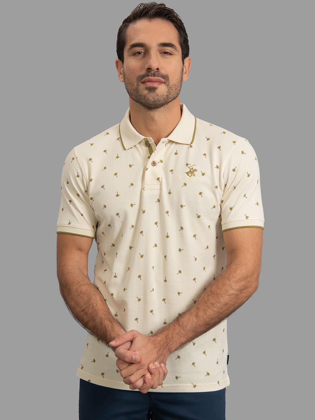 

Beverly Hills Polo Club Men Cream-Coloured Palm Tree Printed Polo Collar T-shirt