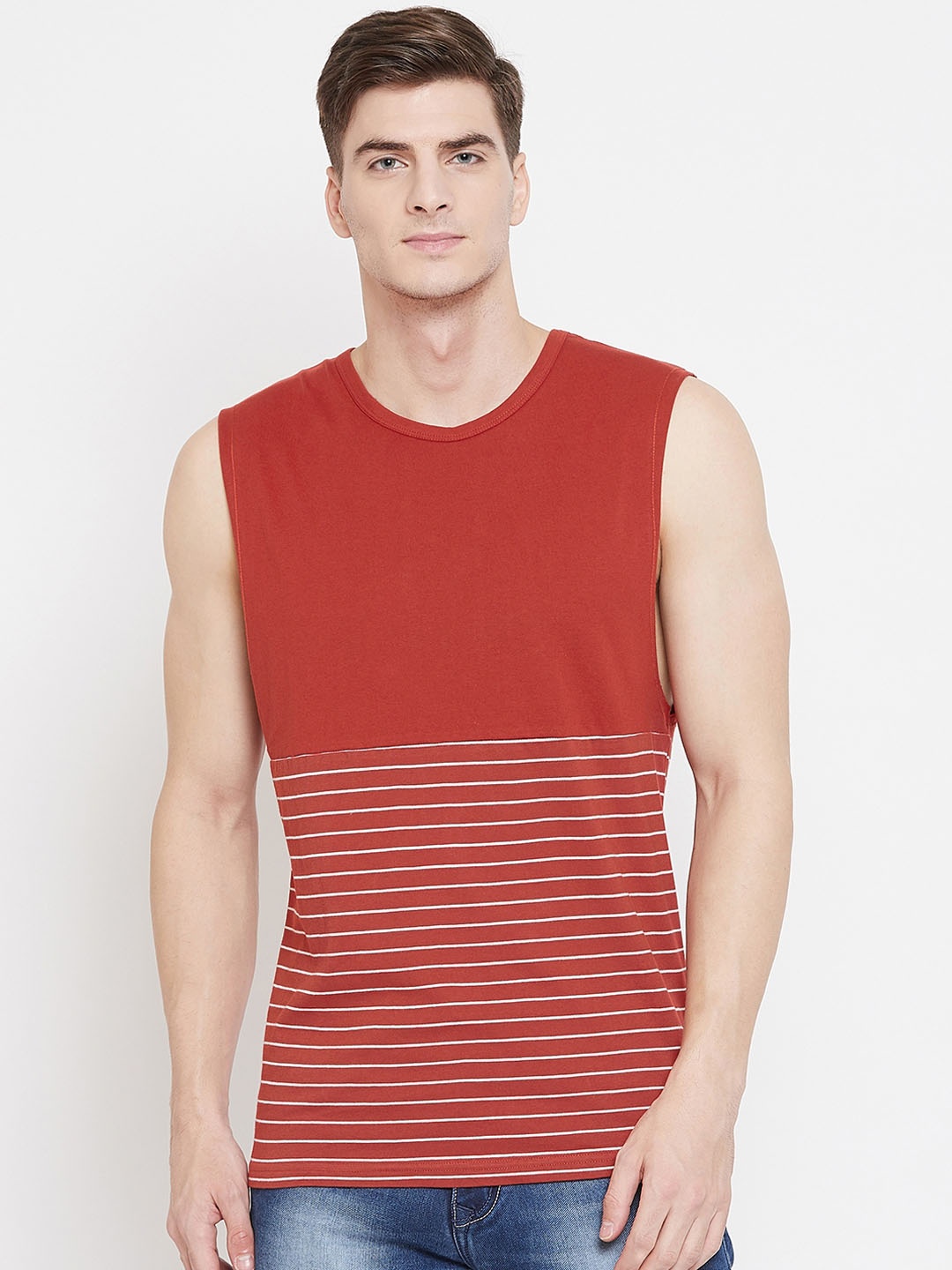 

Hypernation Men Orange White Striped Round Neck Pure Cotton T-shirt