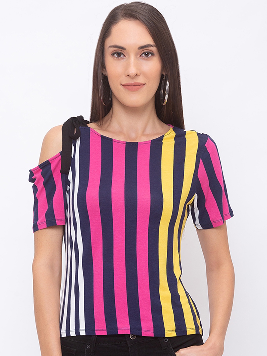Globus Women Navy Blue & Pink Striped Boat Neck T-shirt