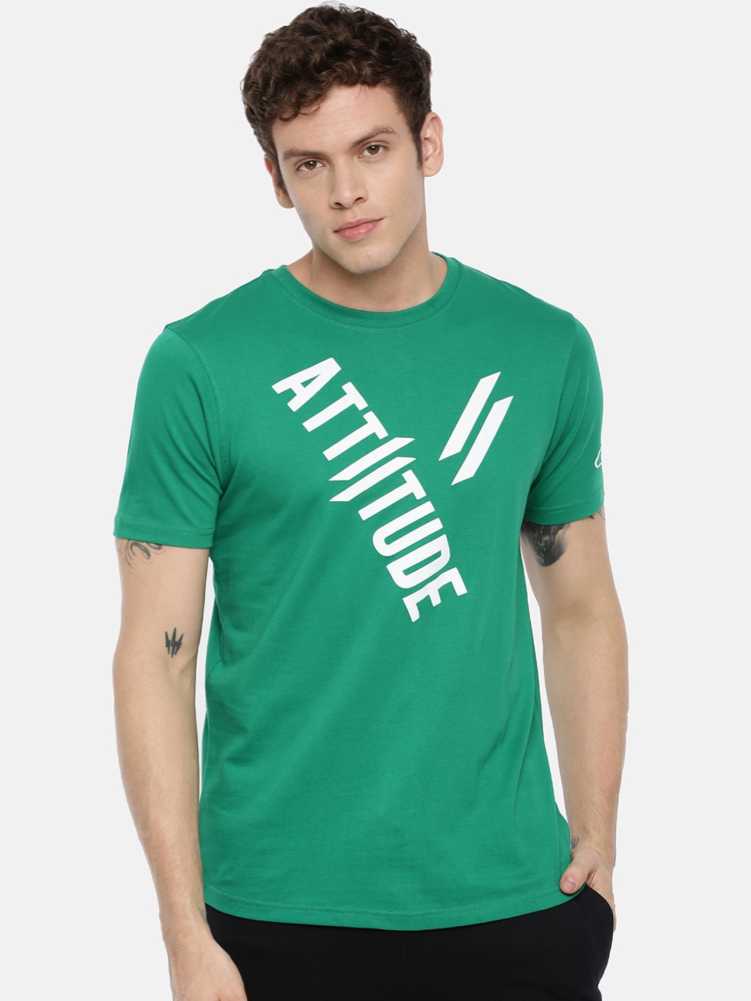 

ATTIITUDE Men Green Printed Round Neck Slim Fit T-shirt