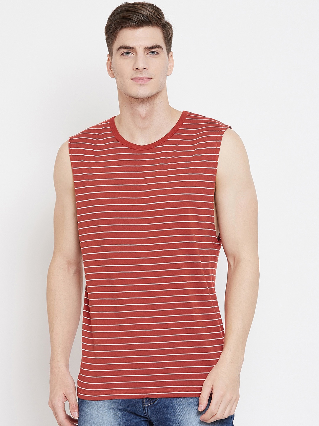 

Hypernation Men Orange White Striped Round Neck Pure Cotton T-shirt