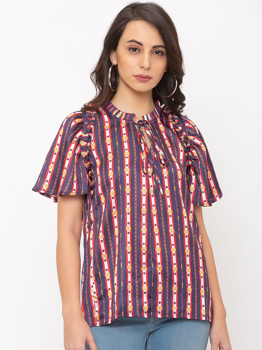 

Globus Women Navy Blue & Red Striped Top