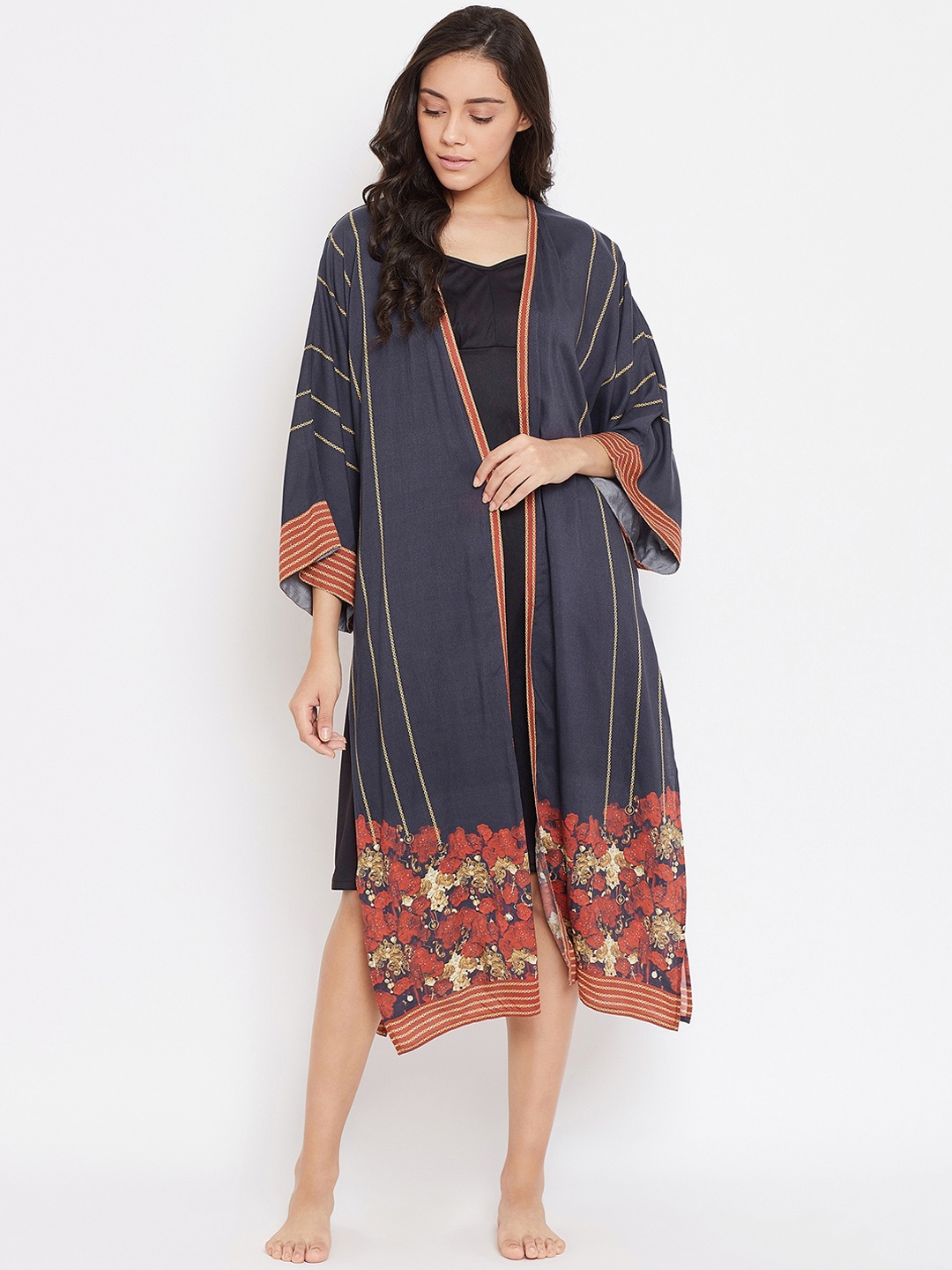 

The Kaftan Company Navy Blue Printed Nightdress with Robe, Black