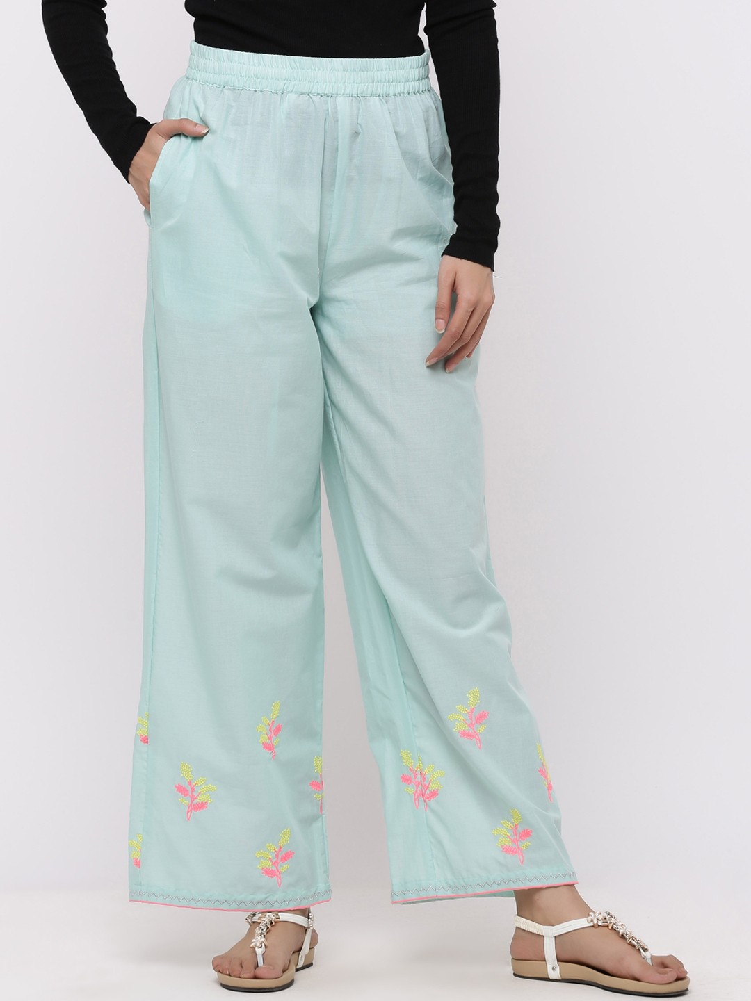 

Juniper Women Sea Green & Pink Embroidered Wide Leg Palazzos