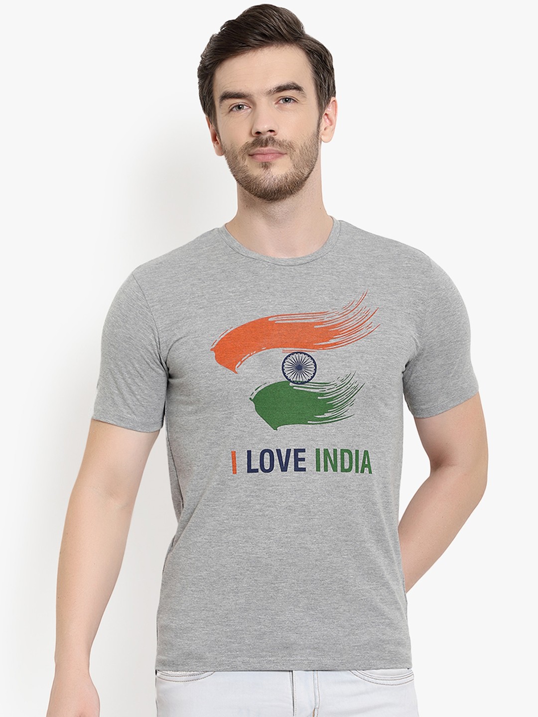 

LE BOURGEOIS Men Grey Melange & Orange Indian Flag Print T-shirt