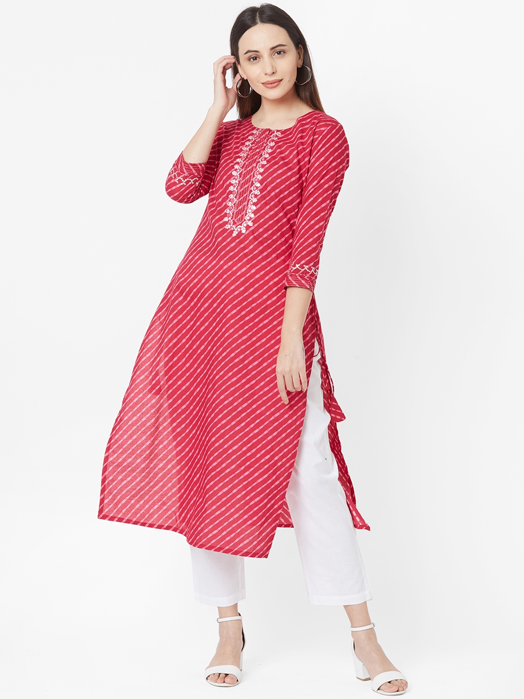 

FASHOR Women Pink Leheriya Print A-Line Kurta