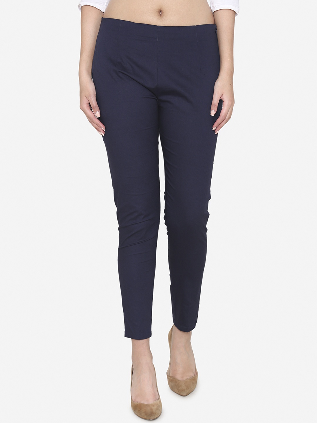 

Vami Women Navy Blue Classic Regular Fit Solid Cigarette Trousers
