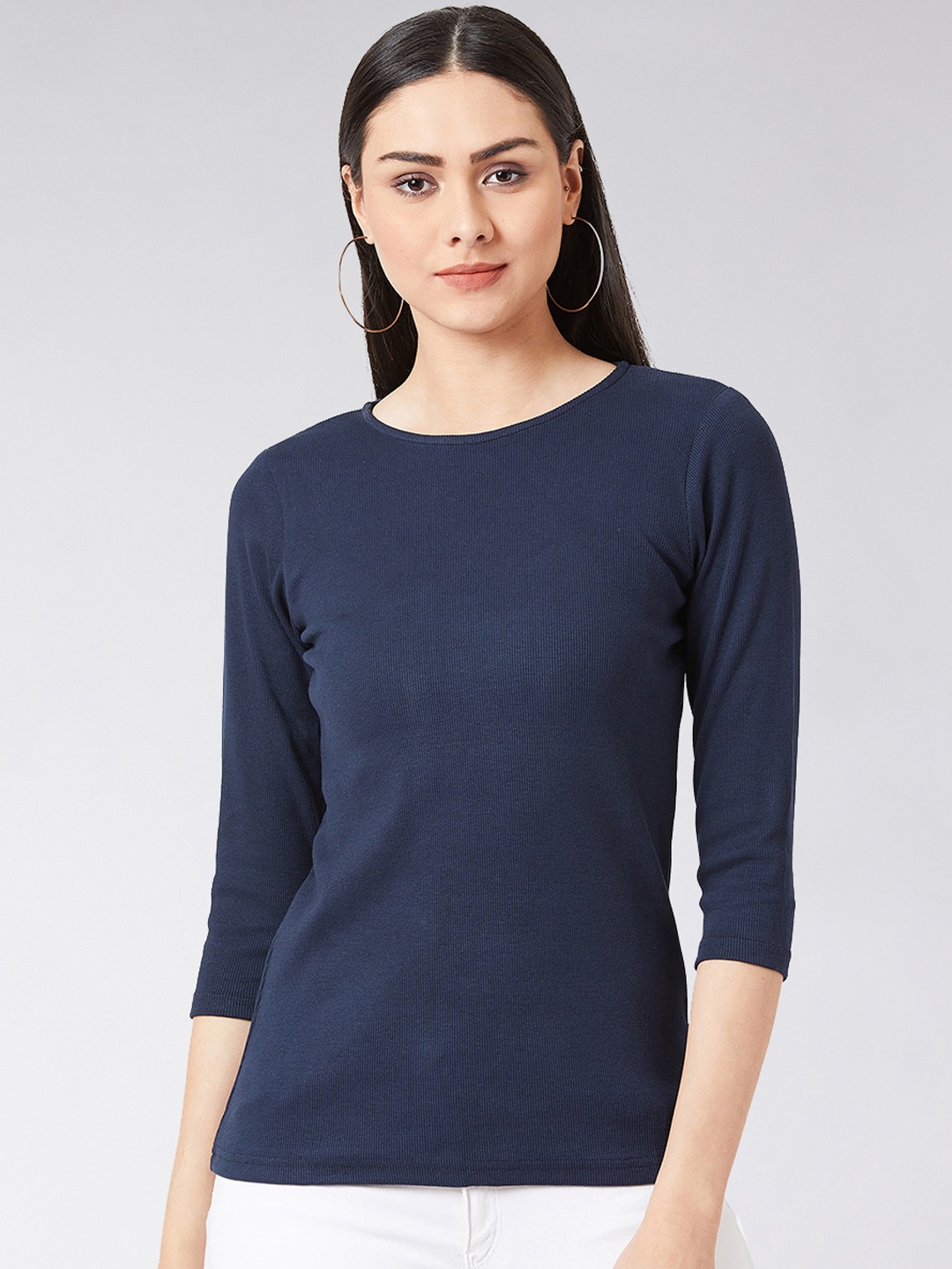 

Miss Chase Women Navy Blue Solid Pure Cotton Top