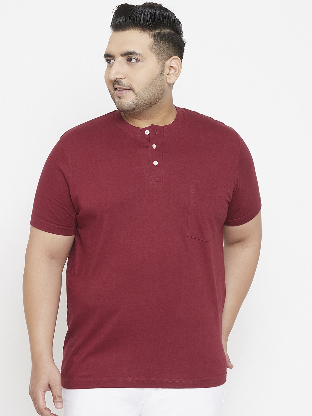 

bigbanana Men Maroon Solid Henley Neck Pure Cotton T-shirt