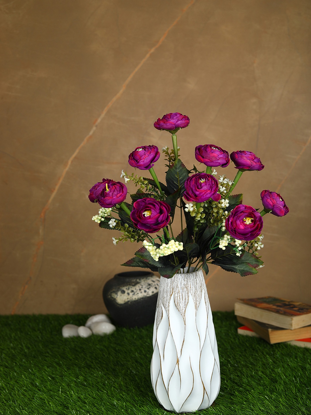 

PolliNation Purple & Green Decorative Artificial Camellia Rose Flower Bunch