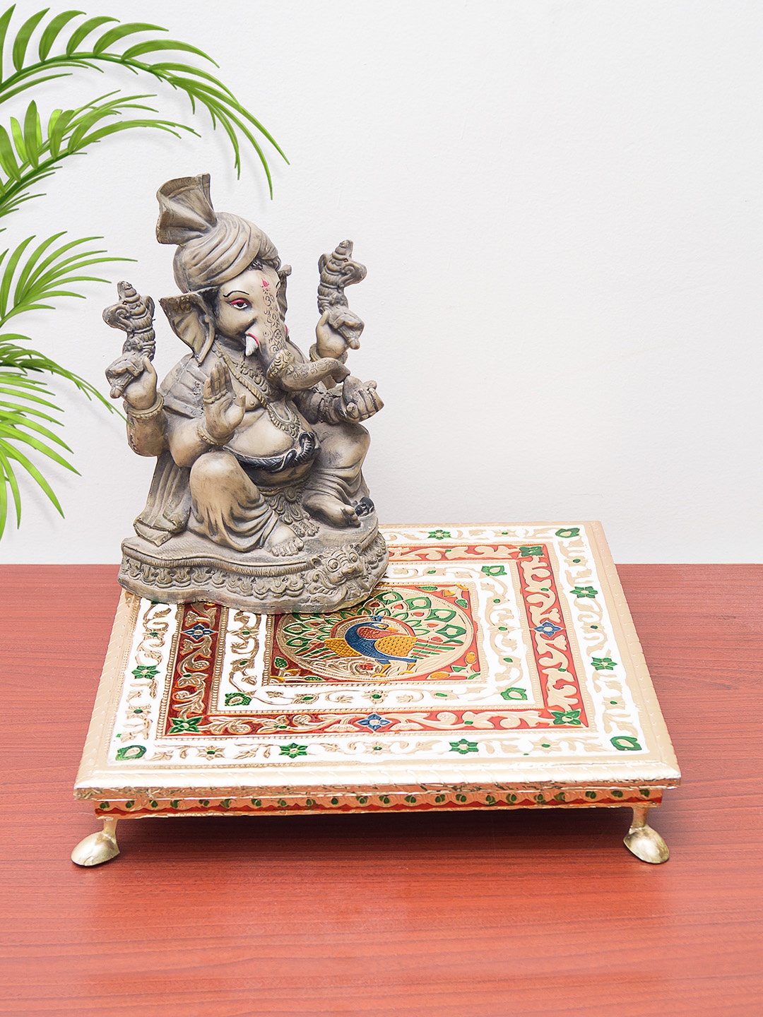 

Golden Peacock Gold-Toned & Red Handcrafted Minakari Peacock Design Wooden Chowki