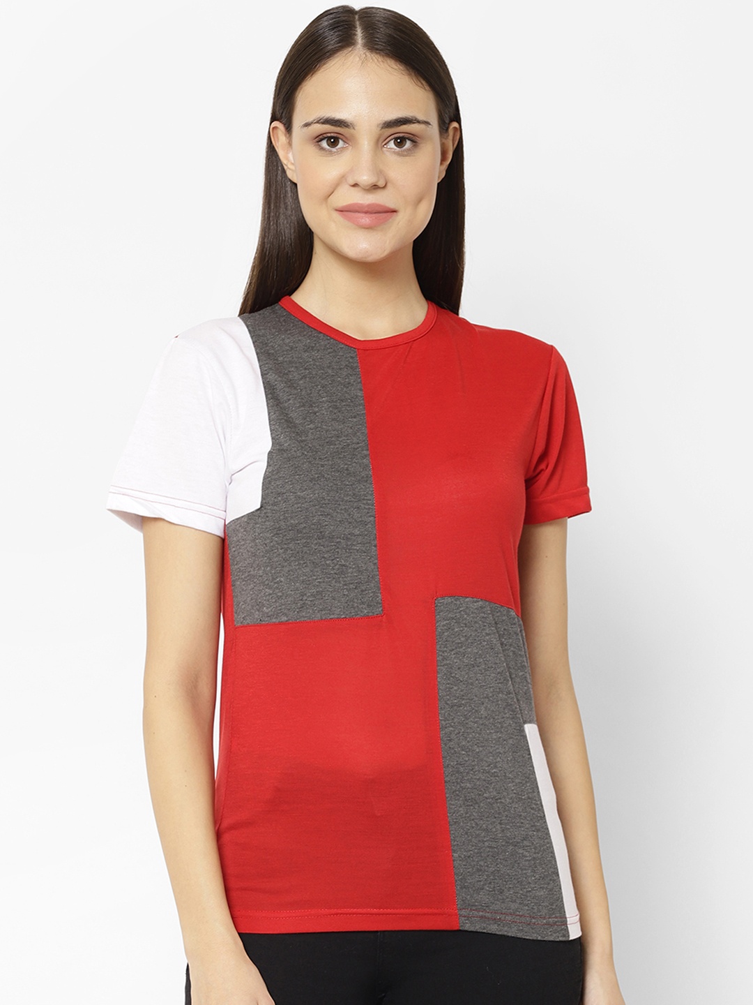 

VIMAL JONNEY Women Red Colourblocked V-Neck T-shirt