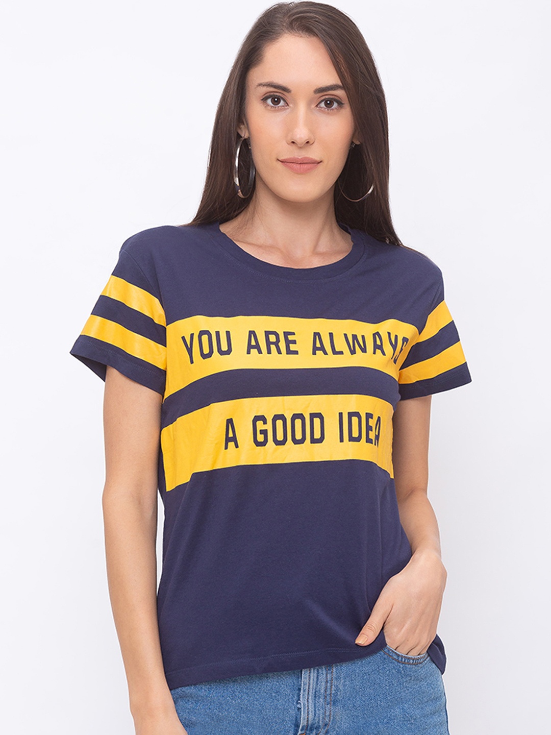 

Globus Women Navy Blue & Yellow Printed Round Neck T-shirt
