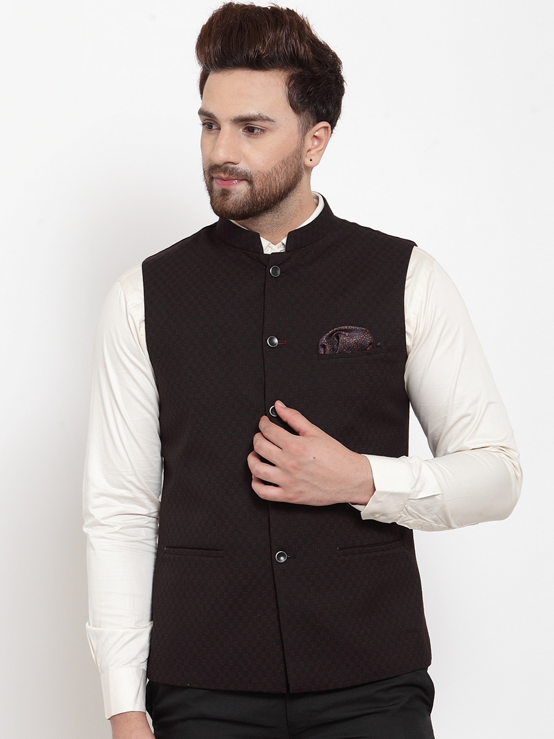 

MAXENCE Men Black & Coffee Brown Woven Design Nehru Jacket