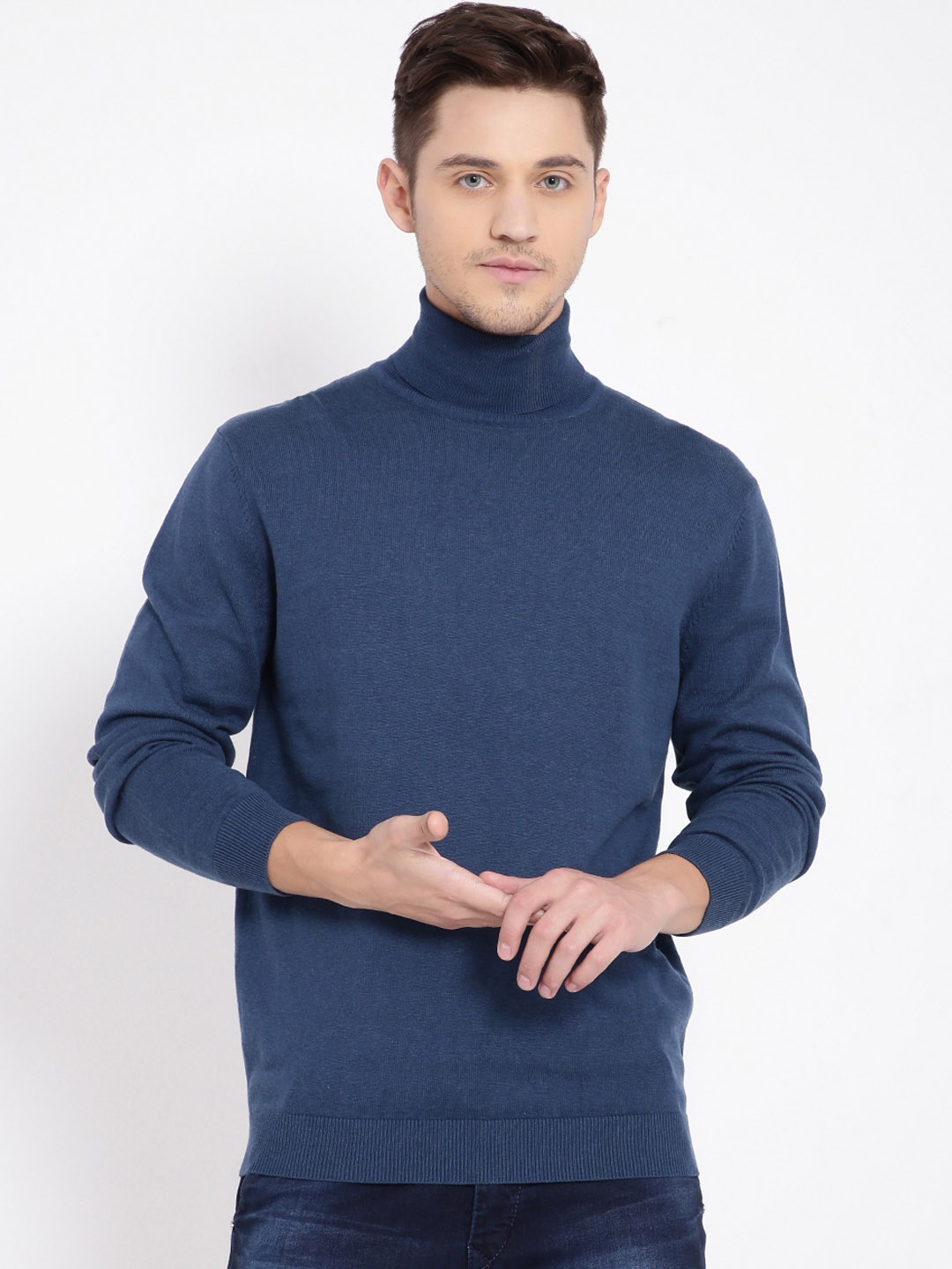 

t-base Men Navy Blue Solid Pullover Turtle Neck Sweater