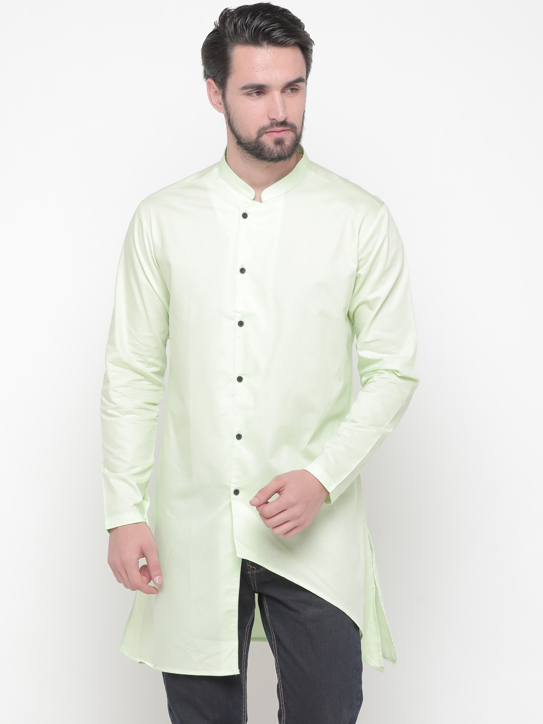 

SHOWOFF Men Pastel Green Solid Asymmetric Hem Kurta