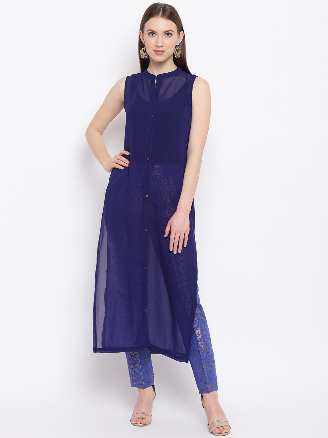 

RIVI Women Blue Solid Kurta With Jacquard Brocade Trousers