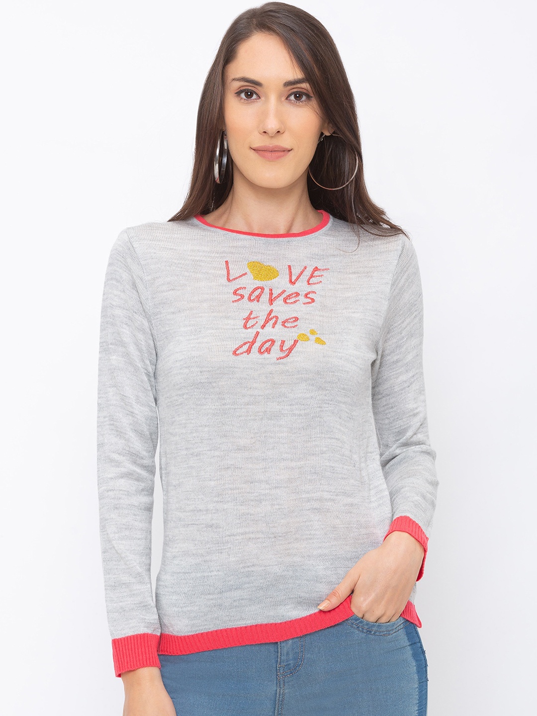 

Globus Women Grey & Red Embroidered Top
