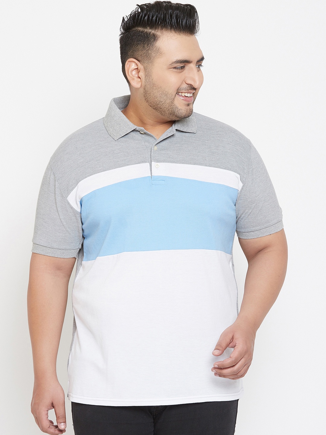

bigbanana Plus Size Men White Grey Colourblocked Polo Collar Pure Cotton T-shirt