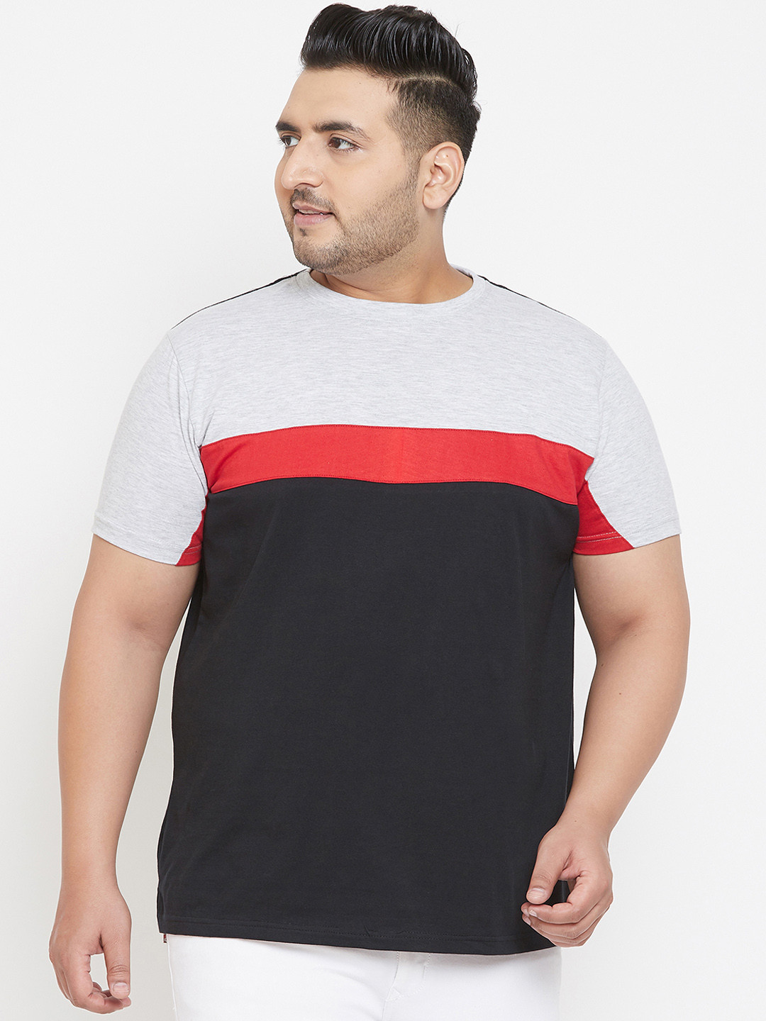 

bigbanana Plus Size Men Black Grey Colourblocked Round Neck Pure Cotton T-shirt