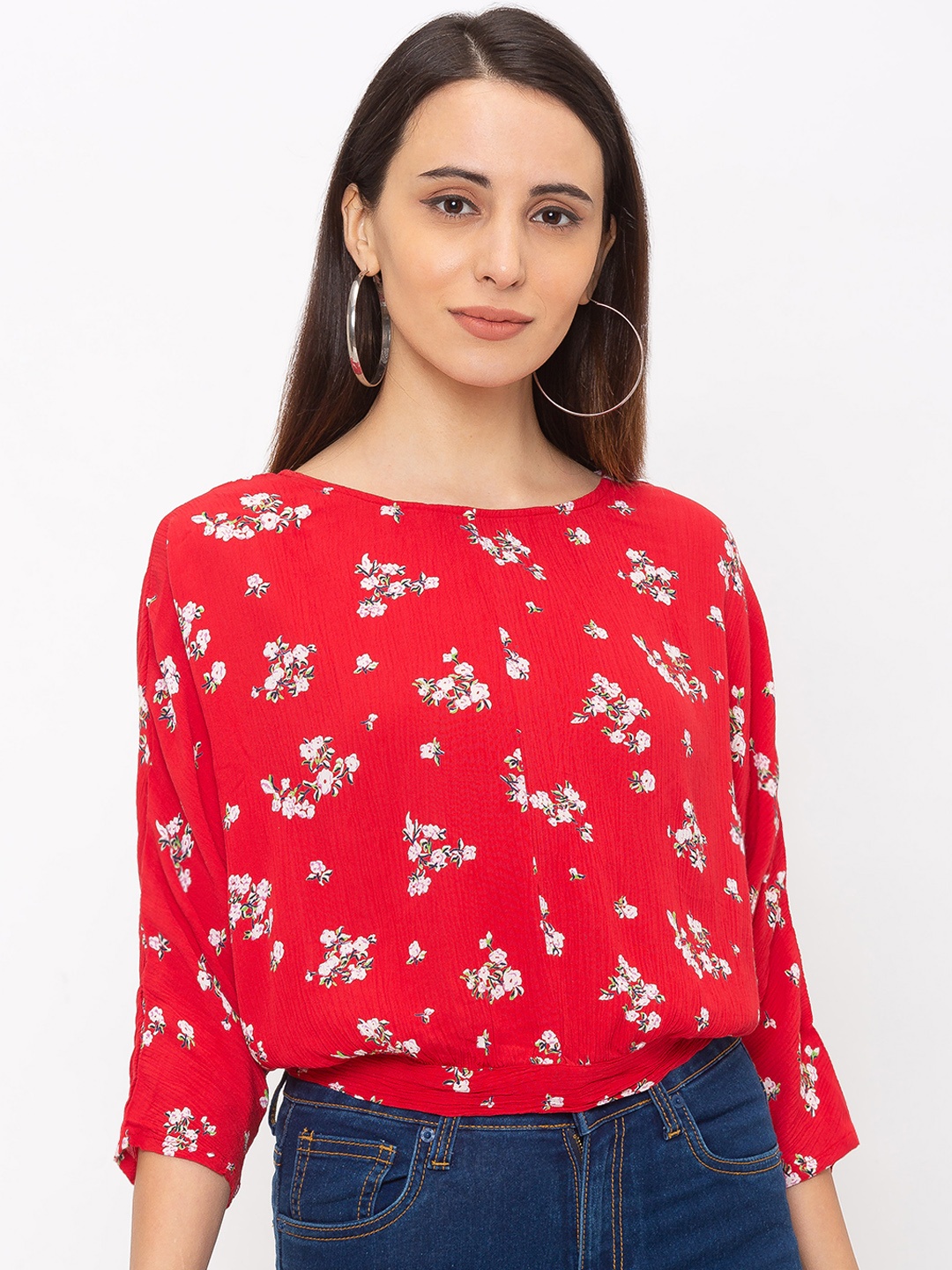 

Globus Women Red Floral Print Blouson Pure Cotton Top