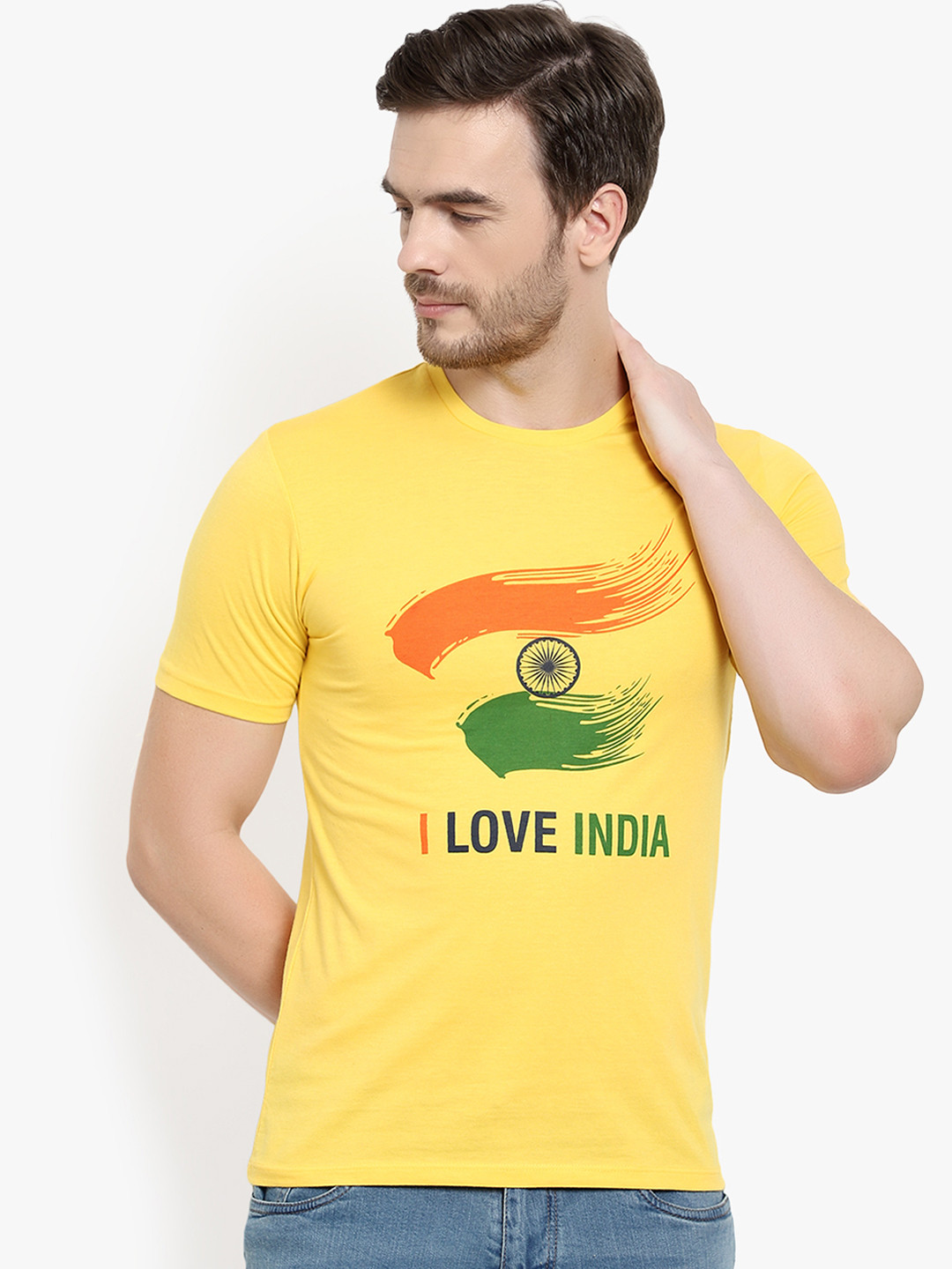 

LE BOURGEOIS Men Yellow Green Indian Flag Printed Round Neck Pure Cotton T-shirt