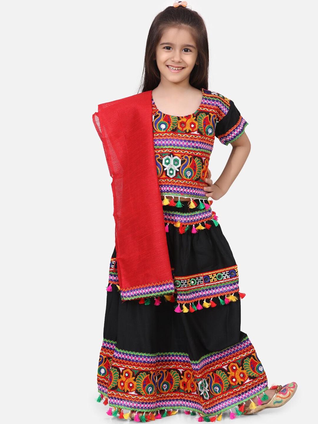 

BownBee Girls Black & Red Embellished Ready to Wear Chaniya Choli