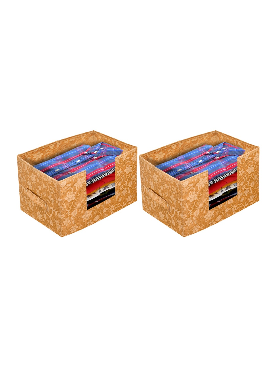 

Kuber Industries Set Of 2 Beige Metallic Printed Shirt Stacker Organisers With Handles