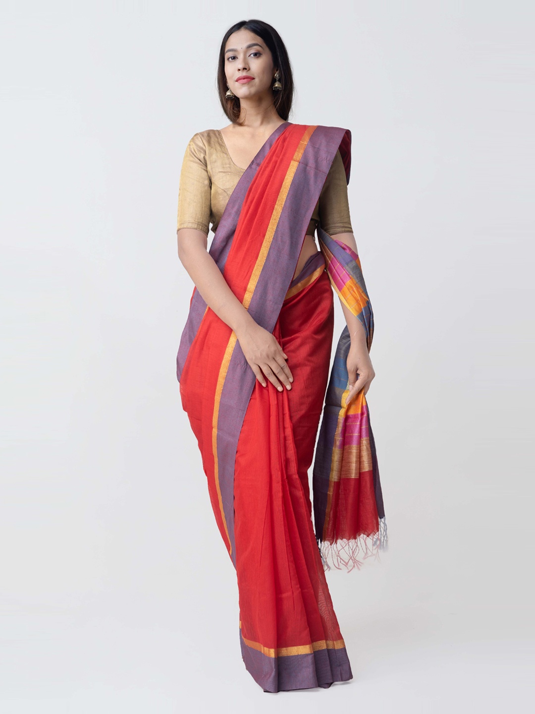 

Unnati Silks Red Silk Cotton Woven Design Chanderi Saree