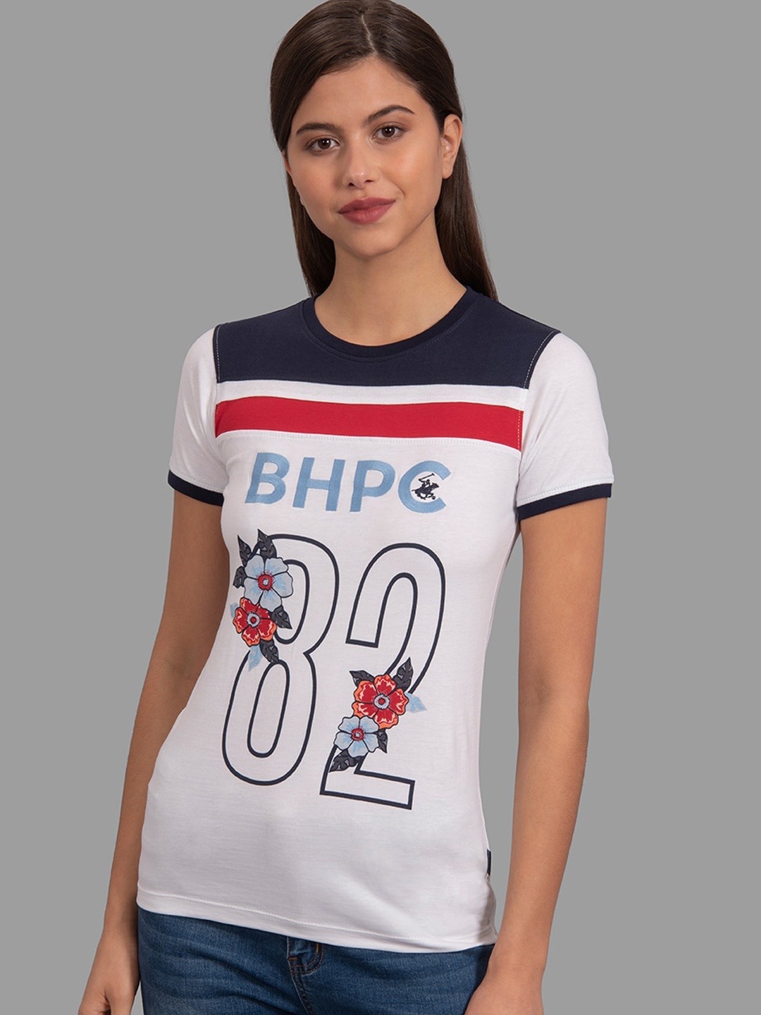 

Beverly Hills Polo Club Women White Printed Round Neck T-shirt