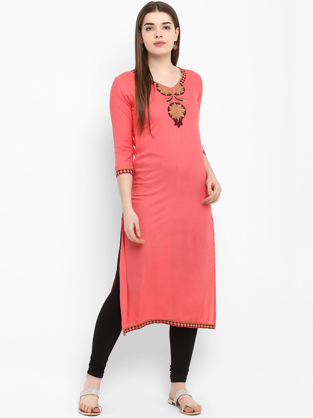 

Aprique FAB Women Peach-Coloured Embroidered Straight Kurta