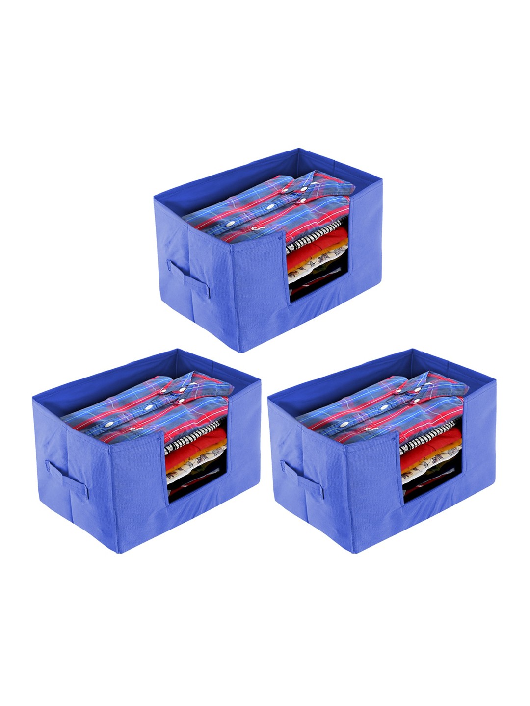 

Kuber Industries Set Of 3 Blue Solid Shirt Stacker Organisers With Handles