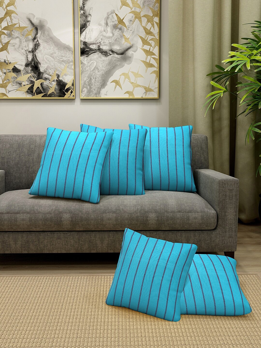 

KLOTTHE Turquoise Blue & Red Set of 5 Striped Square Cushion Covers