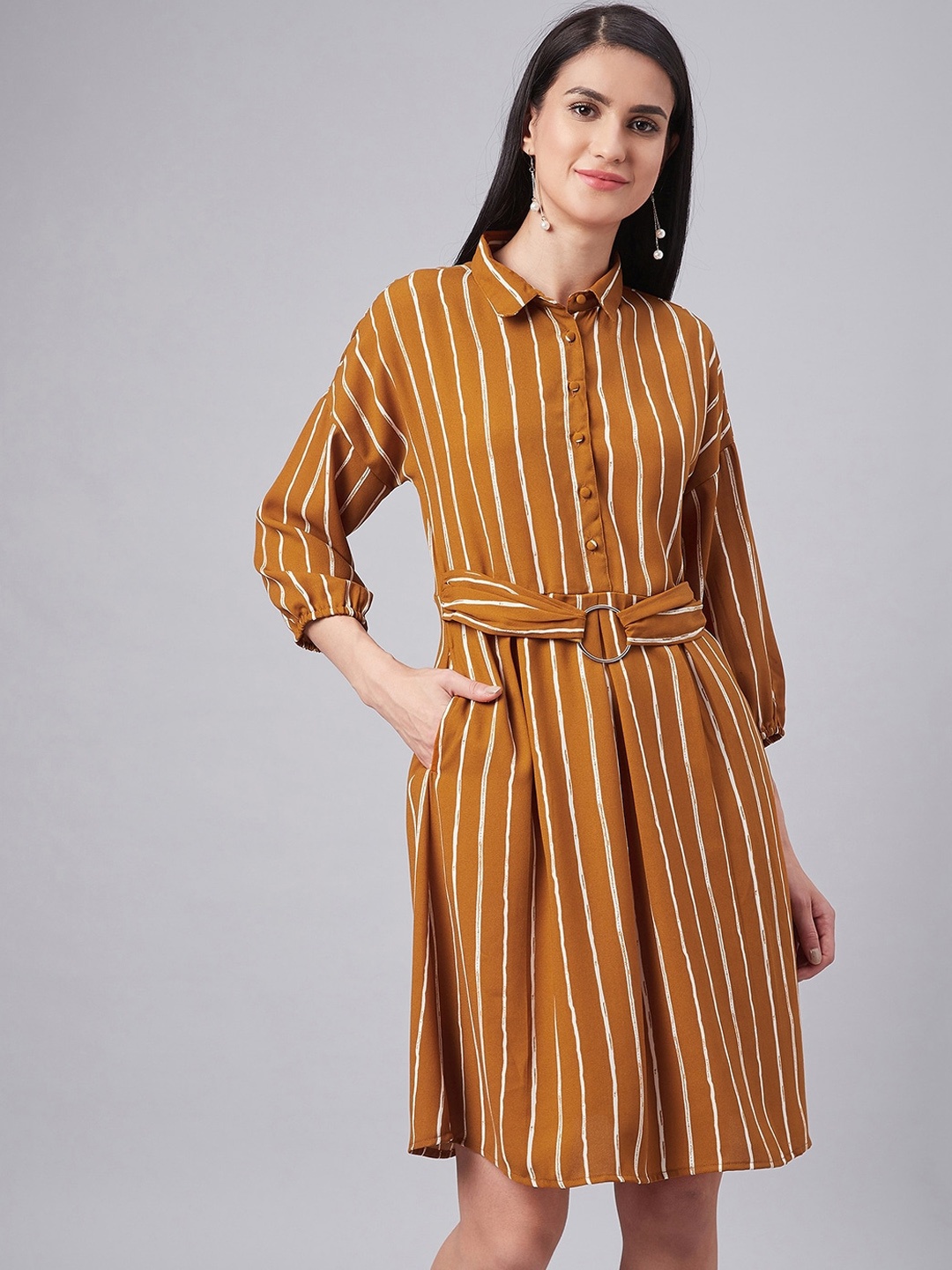 

Marie Claire Women Mustard Yellow Striped A-Line Dress