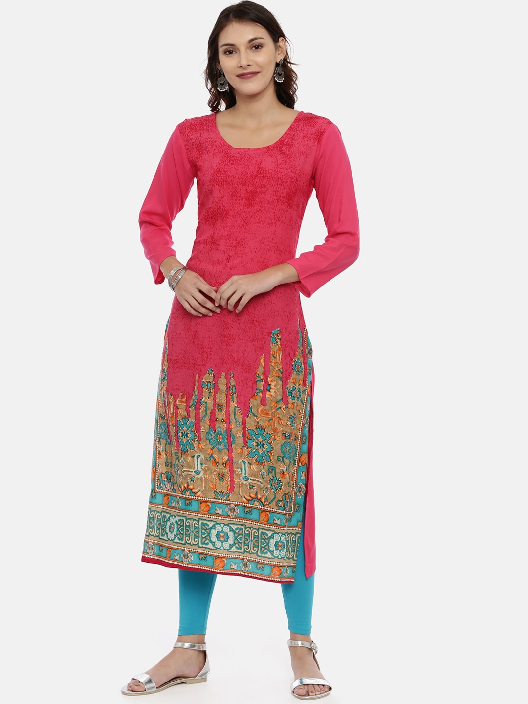 

Souchii Women Pink & Mustard Yellow Printed Straight Kurta