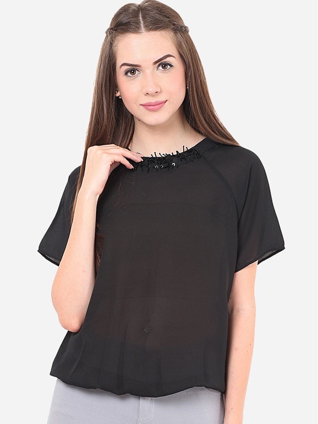 

Porsorte Women Black Solid Blouson Top