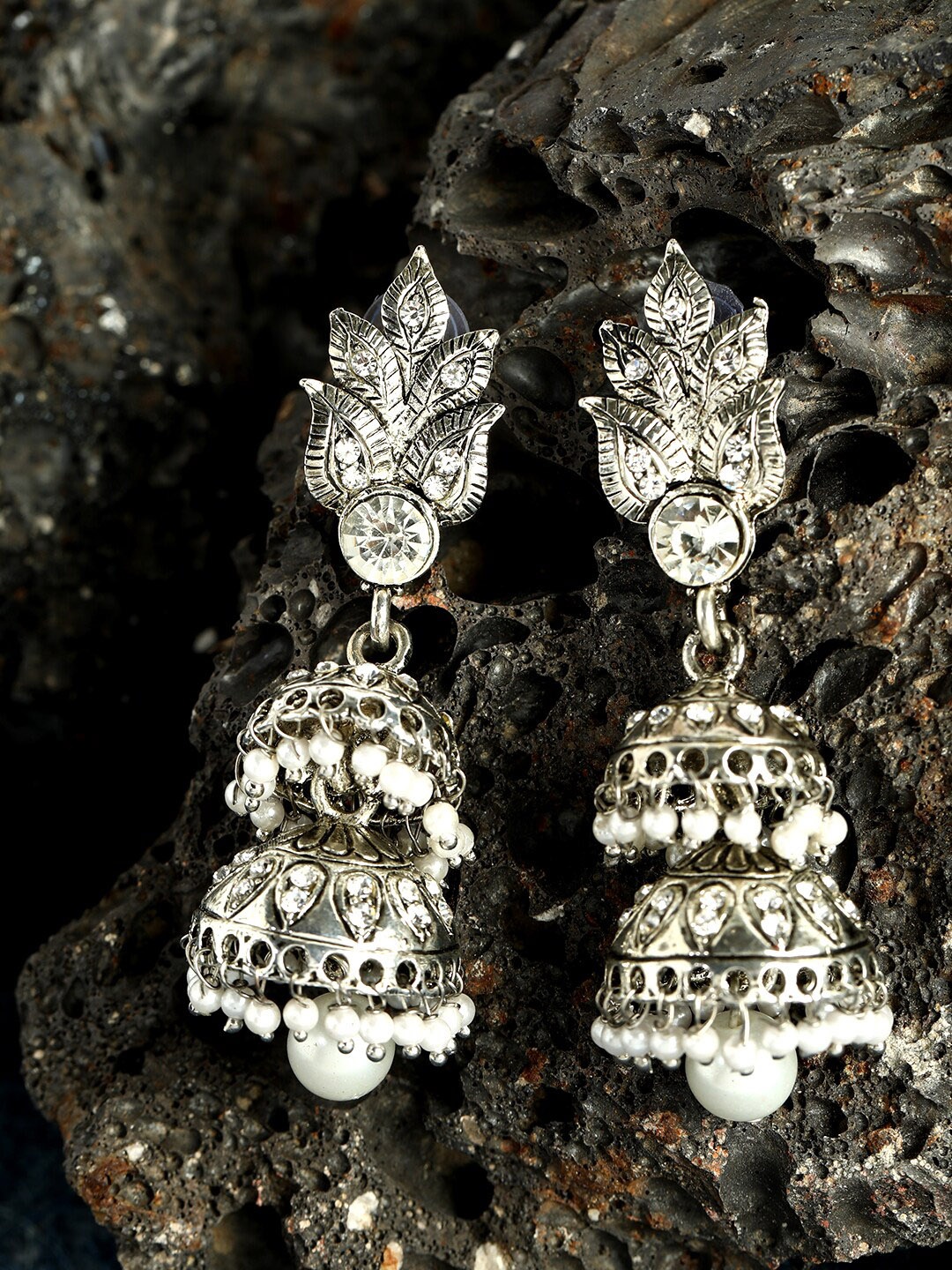 

ANIKAS CREATION Silver Handcrafted Leaf Shaped Jhumkas