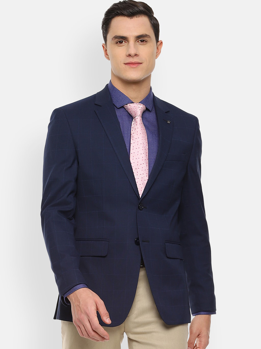 

Louis Philippe Men Navy Blue Checked Slim-Fit Single-Breasted Formal Blazer