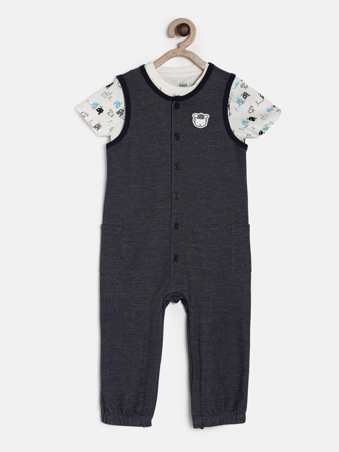 

MINI KLUB Boys Charcoal Grey & White Printed T-shirt with Dungarees