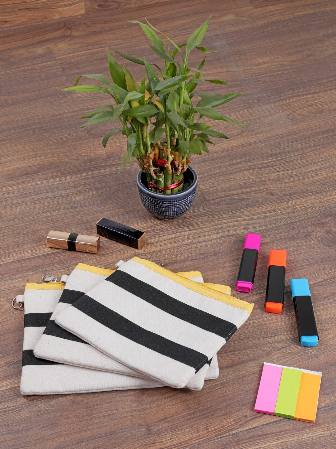 

My Gift Booth Unisex Set Of 3 Off-White & Black Striped Breton Organiser Pouches