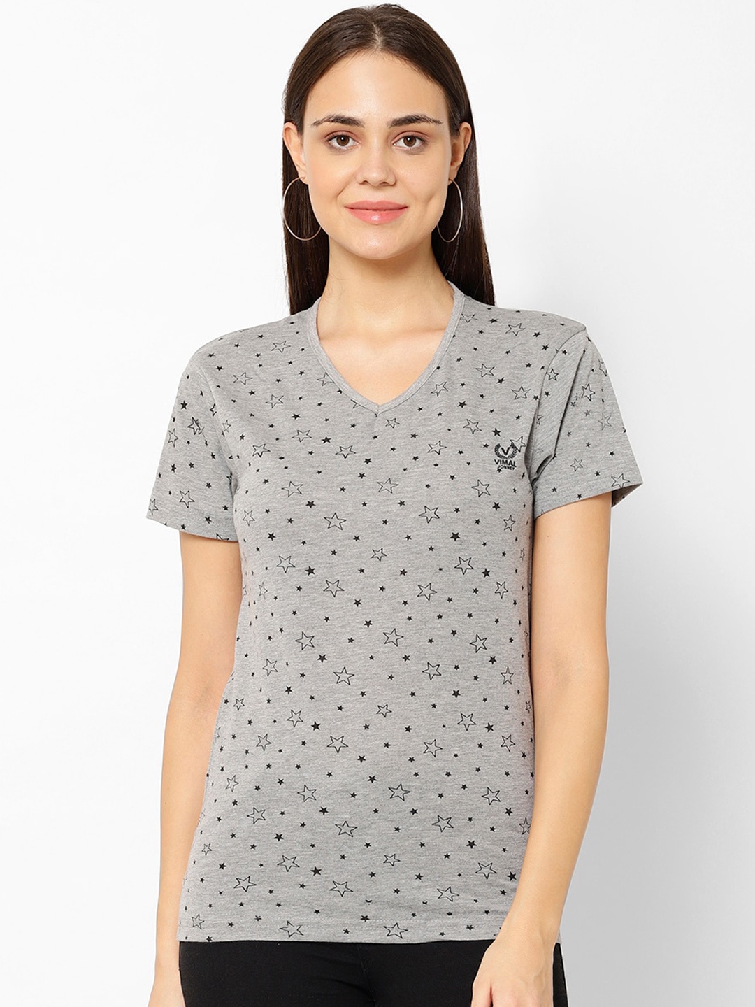 

MACK JONNEY Women Grey Printed V-Neck T-shirt