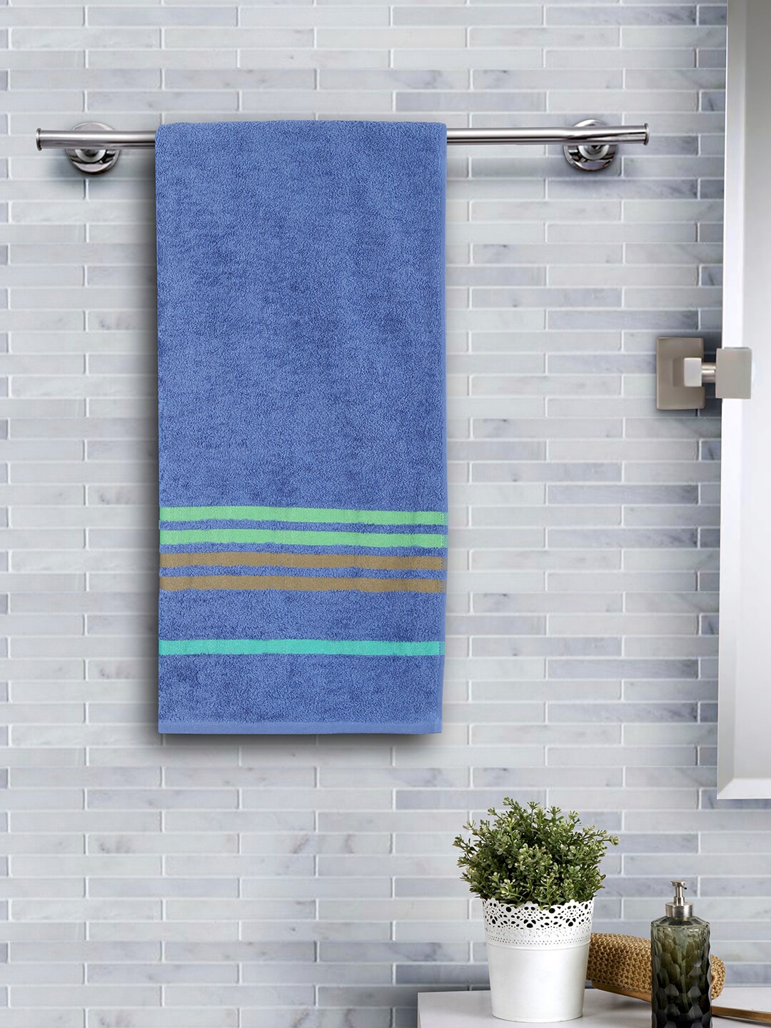 

MASPAR Unisex Blue & Green Striped Supersoft 450 GSM Bath Towel