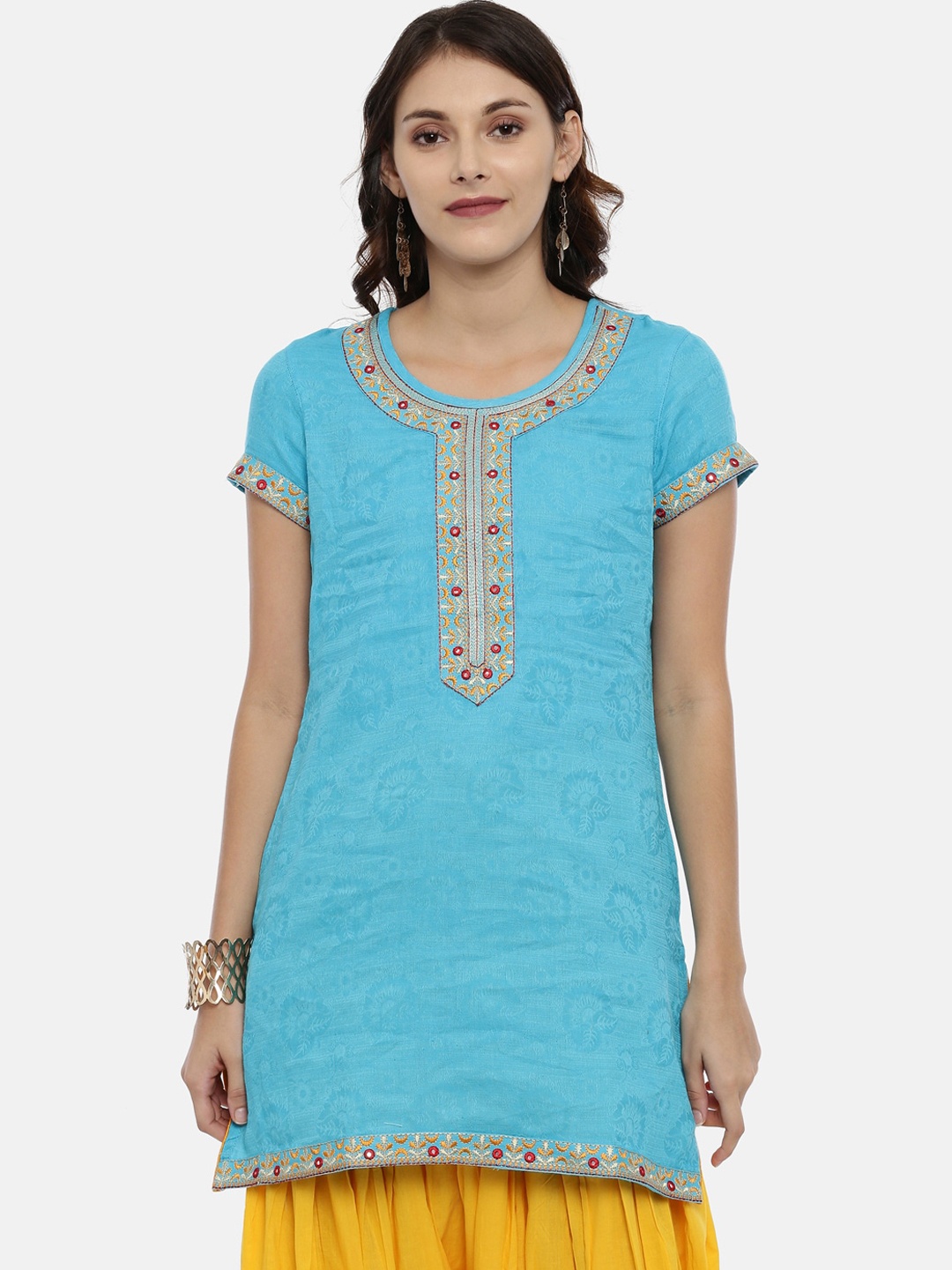 

Souchii Women Blue Yoke Design Jacquard Straight Kurta
