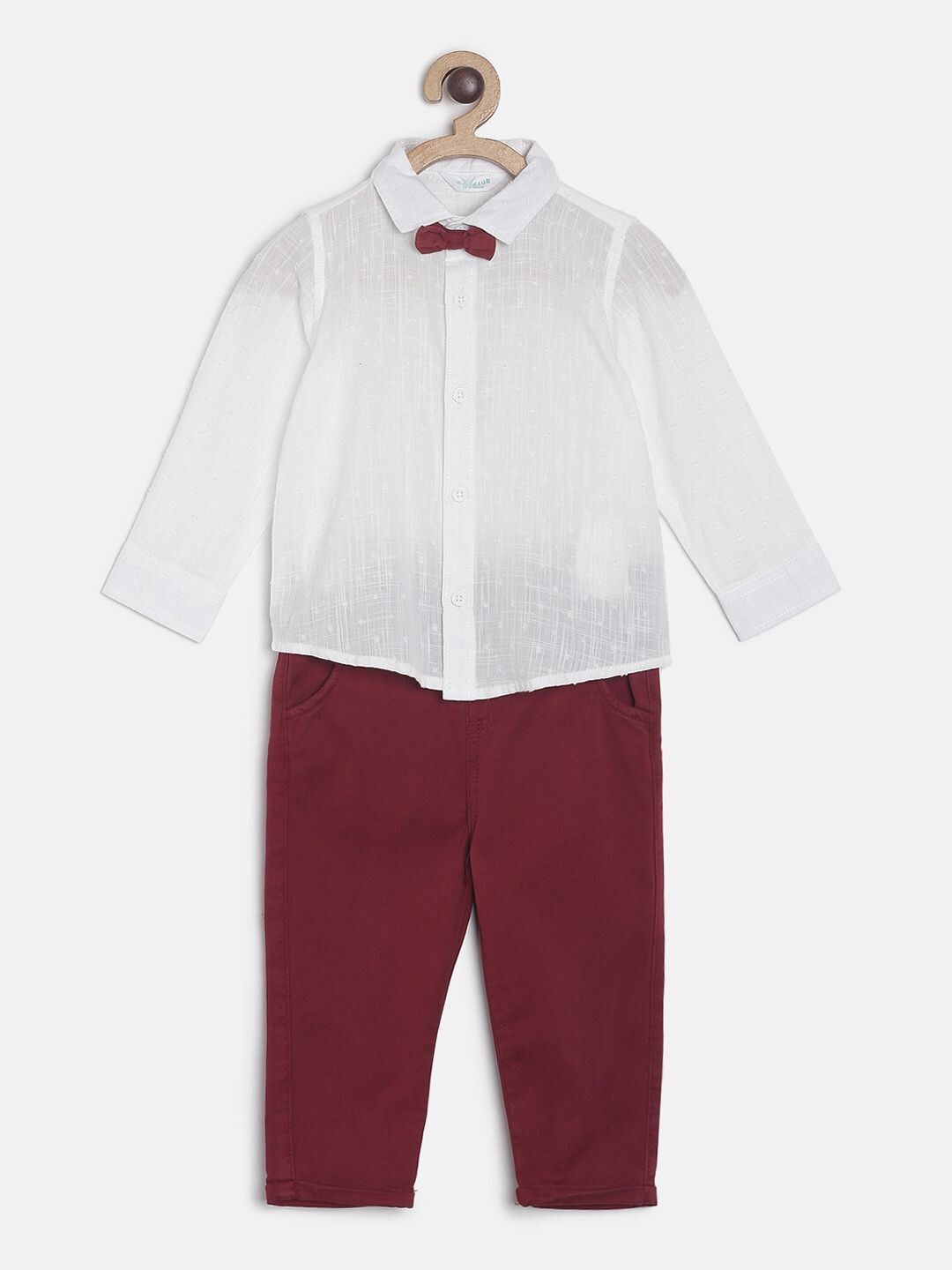

MINI KLUB Boys White & Maroon Solid Shirt with Trousers & Bow Tie
