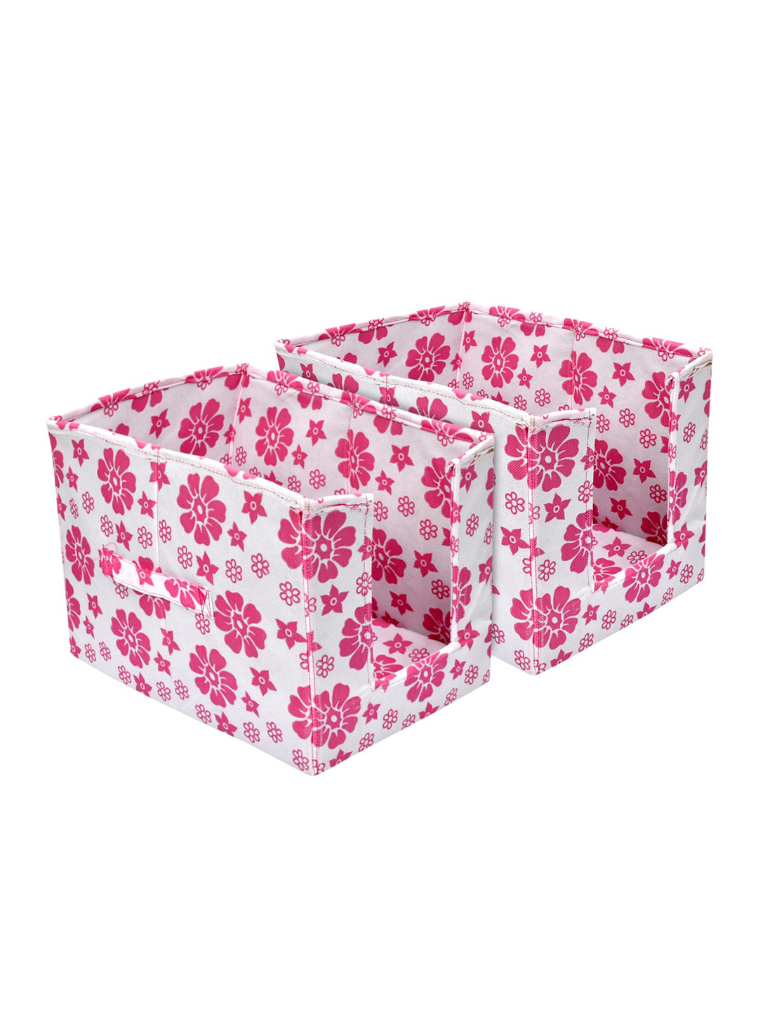 

Kuber Industries Set Of 2 White & Pink Flower Printed Shirt Stacker Organisers With Handles