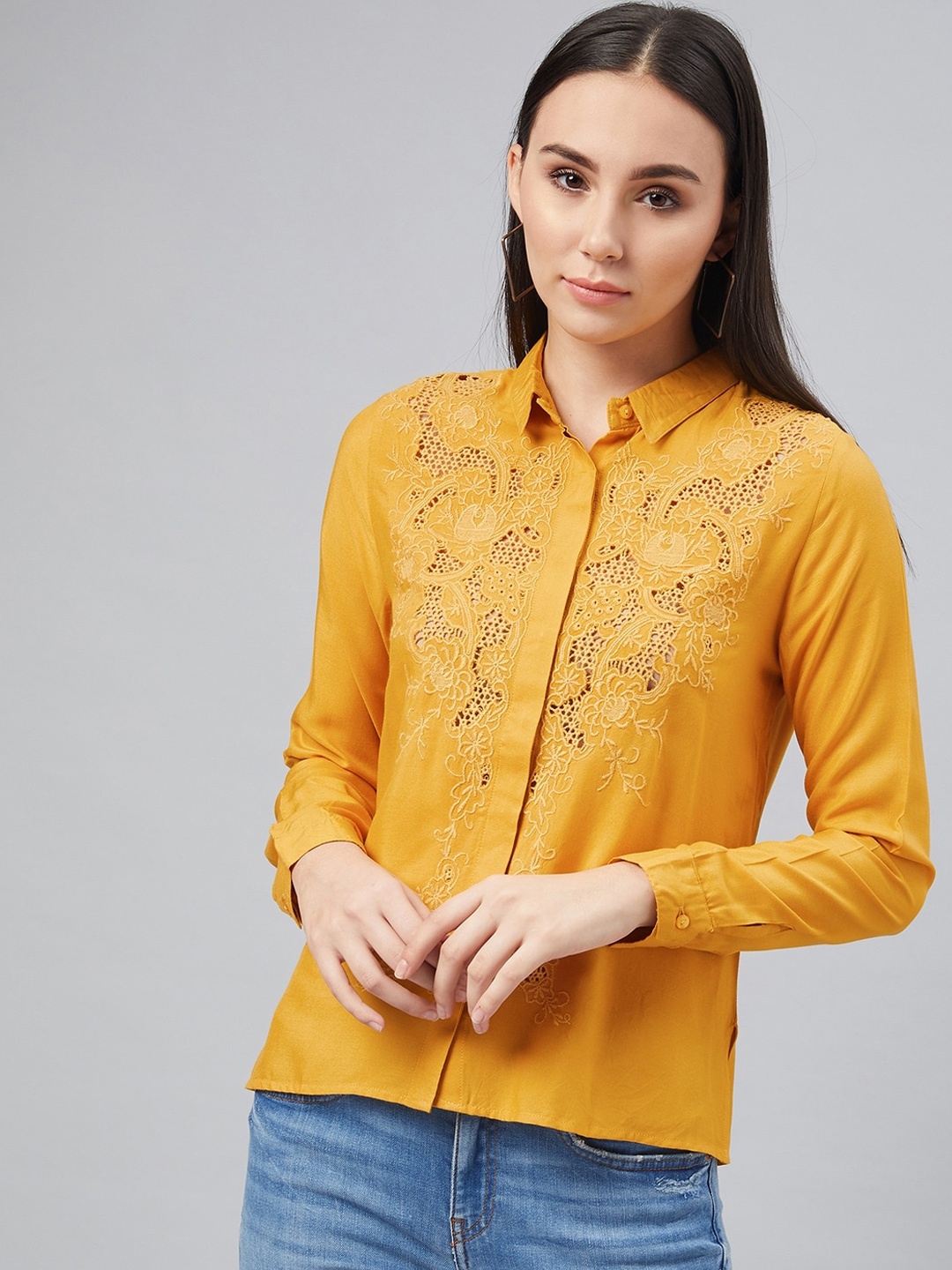 

Marie Claire Women Mustard Yellow Regular Fit Self Design Casual Shirt